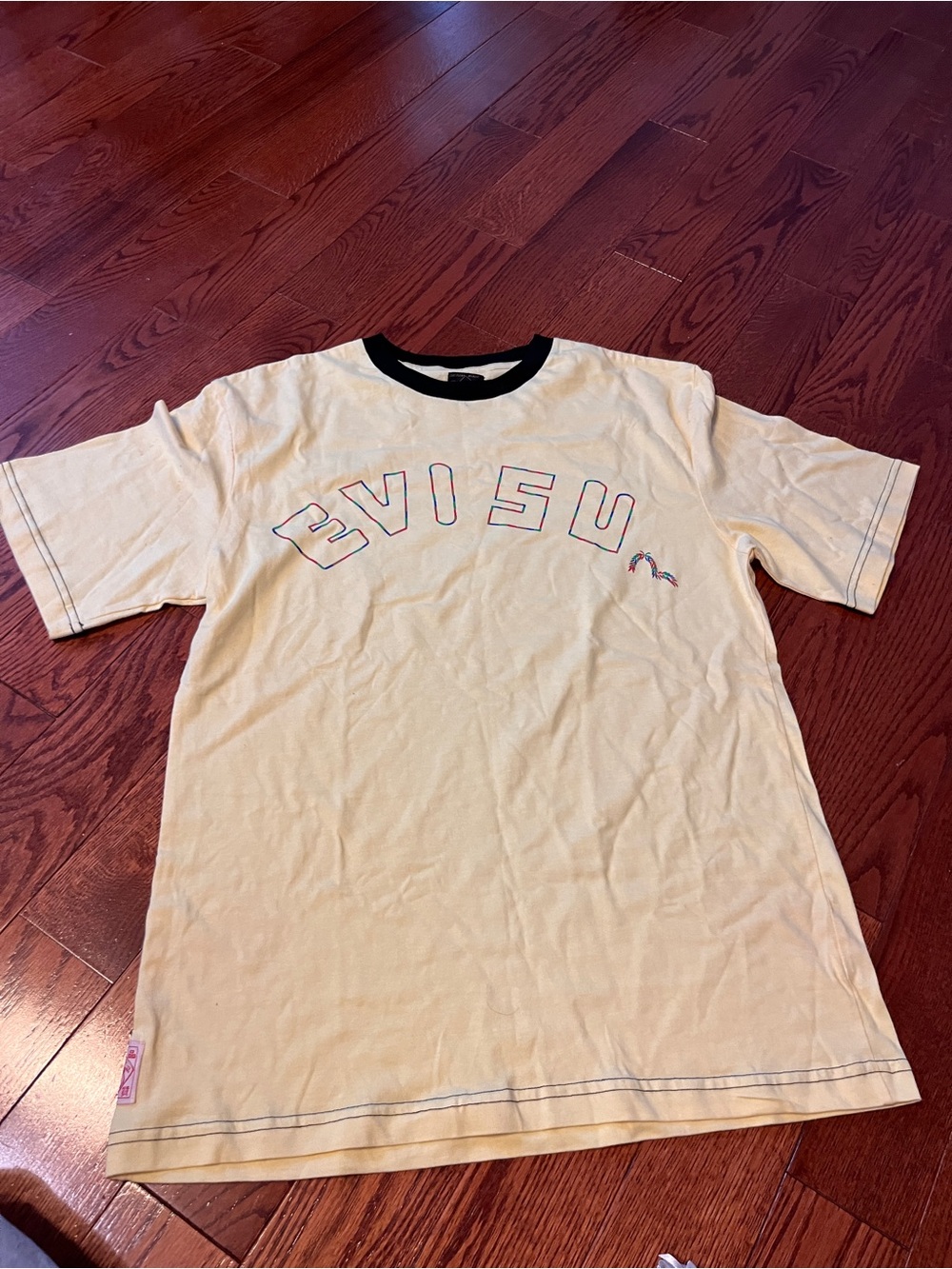 Authentic Vintage Short Sleeve Evisu Tee in Pale Yellow with Black Trim